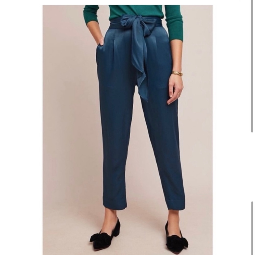 Anthropologie Ett:twa Jewel Satin Teal Tie Waist Dressy Party Pants - Size 4